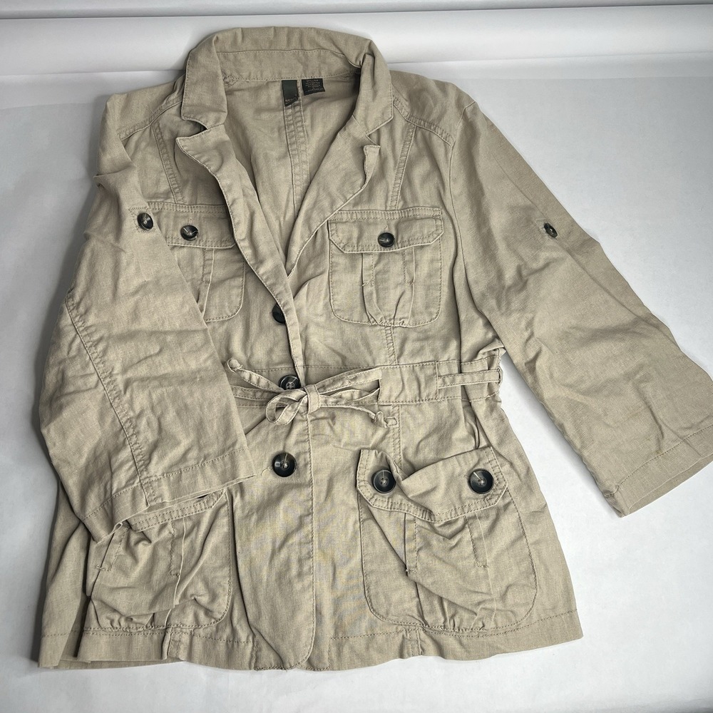 Serenade New York Womens Khaki Tan Cotton Utility Jacket Size L Four Pocket Coat